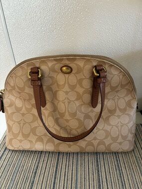 Coach Khaki/Tan Peyton Signature Cora Dome Satchel with Brown Leather Trim